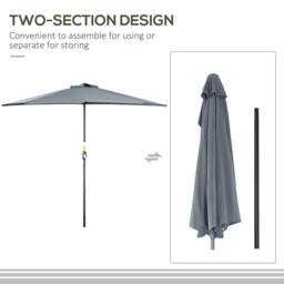 OUTSUNNY 2.7m Garden Half Parasol, Outdoor Patio Umbrella with 5 Steel Ribs in Grey - thumbnail 5