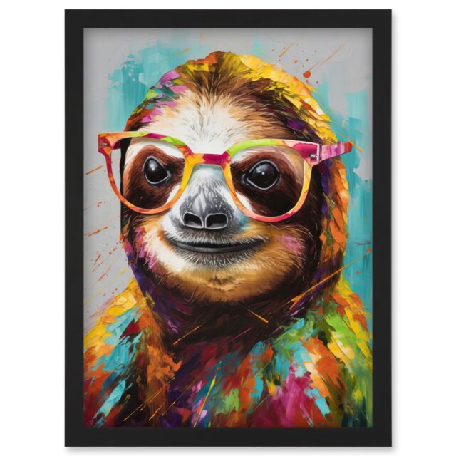 Artery8 Colourful Sloth with Glasses Modern Folk Art Artwork Framed Wall Art Print A4 in Black - image 1