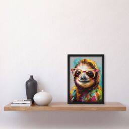 Artery8 Colourful Sloth with Glasses Modern Folk Art Artwork Framed Wall Art Print A4 in Black - thumbnail 2