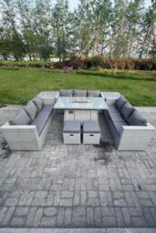 Fimous Light Grey U Shape Lounge Sofa Dining Set With Gas Fire Pit Heater Burner Side Tea Table Stools