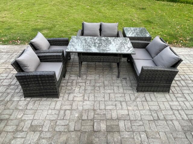Fimous Rattan Garden Furniture Set 6 Seater Patio Outdoor Lounge Sofa Set with Oblong Dining Table Double Seat Sofa Side Table in Dark Grey