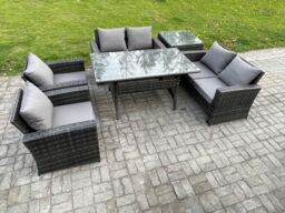 Fimous Rattan Garden Furniture Set 6 Seater Patio Outdoor Lounge Sofa Set with Oblong Dining Table Double Seat Sofa Side Table in Dark Grey - thumbnail 2