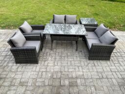 Fimous Rattan Garden Furniture Set 6 Seater Patio Outdoor Lounge Sofa Set with Oblong Dining Table Double Seat Sofa Side Table in Dark Grey - thumbnail 1