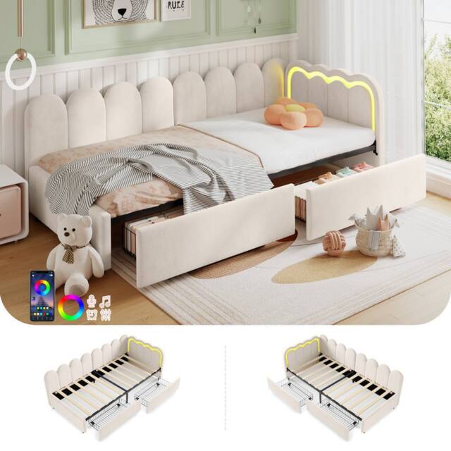 BTM 3ft Single Daybed Velvet Bed Frame LED Storage Drawers Youth Bed in Beige - image 1