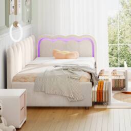 BTM 3ft Single Daybed Velvet Bed Frame LED Storage Drawers Youth Bed in Beige - thumbnail 5