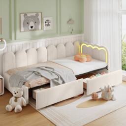 BTM 3ft Single Daybed Velvet Bed Frame LED Storage Drawers Youth Bed in Beige - thumbnail 2