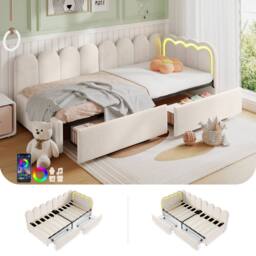 BTM 3ft Single Daybed Velvet Bed Frame LED Storage Drawers Youth Bed in Beige - thumbnail 1