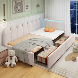 BTM 3ft Single Daybed Velvet Bed Frame LED Storage Drawers Youth Bed in Beige - thumbnail 3