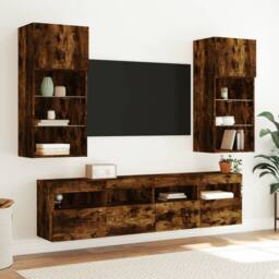 Berkfield Home TV Wall Cabinet with LED Lights Smoked Oak 40x30x40 cm in Brown - Size: 40 x 30 x 40 cm - thumbnail 6