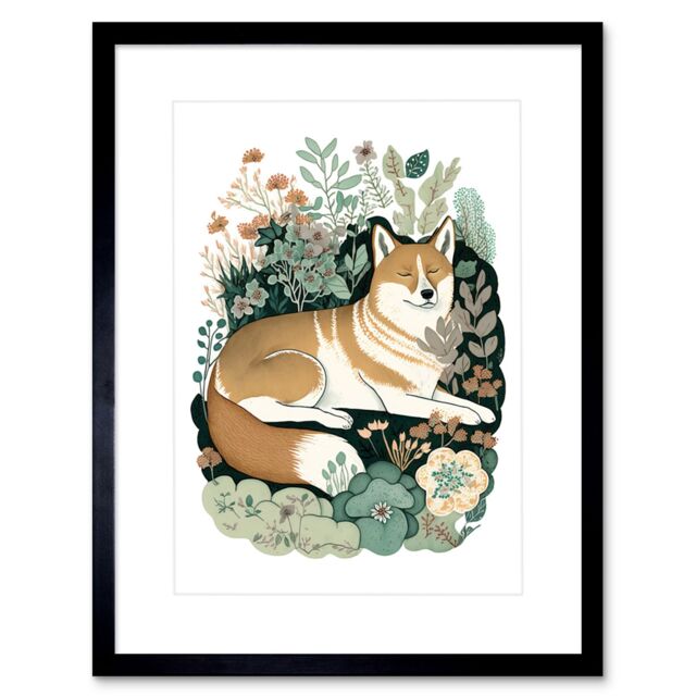 "Artery8 Wall Art Print Shiba Inu Dog Lying in Flower Field Modern Stylised Artwork Framed 9X7 Inch in Black - Size: W7"" x H9""" - image 1