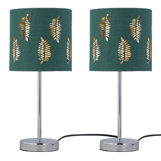 First Choice Lighting Set of 2 Chrome Touch Operated Table Lamps with Dark Green Fern Shades in Silver - image 1