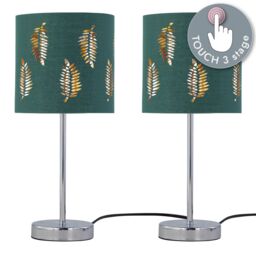First Choice Lighting Set of 2 Chrome Touch Operated Table Lamps with Dark Green Fern Shades in Silver - thumbnail 2