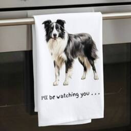 Animal Crackers Dog Tea Towel With 'Watching You' Funny Wording - Border Collie in White - thumbnail 2