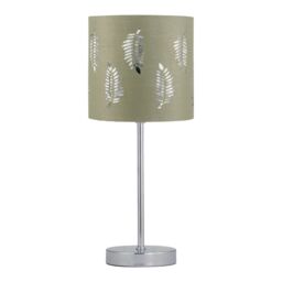 First Choice Lighting Chrome Stick Table Lamp with Sage Green Fern Shade in Silver