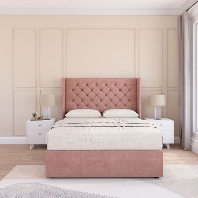 "Sloomy Dior Wing Bed Set No Drawers With Ortho Sprung Mattress & 54"" Floor standing Headboard Plush Velvet in Pink - Size: Small Single" - image 1
