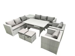 Fimous Rattan Garden Furniture Set Outdoor 8 Seater Patio Dinin g Sofa Sets with Dining Table 2 Chairs Side Table 2 Small Footstools Light Grey Mixed - thumbnail 2