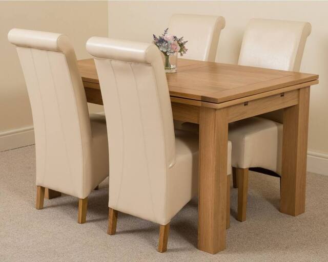 Thats Furniture Richmond 140-220cm Oak Extending Dining Table + 4 Montana Leather Chairs in Cream - image 1