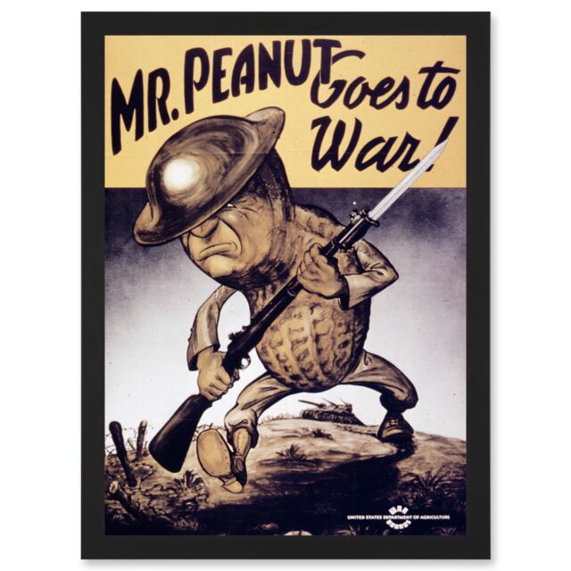Artery8 War World WW2 USA Mr Peanut Goes To War Helmet Gun A4 Artwork Framed Wall Art Print in Black - image 1