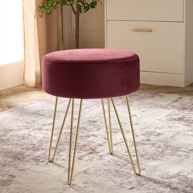 OHS Matte Velvet Dressing Table Stool Hairpin Vanity Seat Makeup Chair in Dark Red - image 1