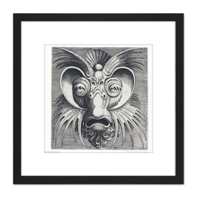 Artery8 Huys 1555 Ornamental Decorative Mask Design Engraving 8X8 Inch Square Wooden Framed Wall Art Print Picture with Mount in Black - image 1