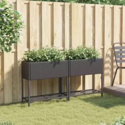 Berkfield Home Garden Planters with Shelf 2 pcs Black 70x28x70 cm Poly Rattan - Size: 70 x 28 x 70 cm - thumbnail 3