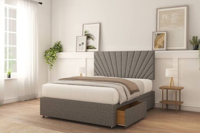 "Sloomy Sterling Plush Divan Bed Set No Drawers With 26"" Strutted Headboard & 12"" Matching Footboard in Light Grey - Size: King" - image 1
