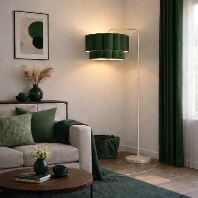 CGC Lighting Kyra Cream Angled Floor Lamp with Two Layer Scalloped Lampshade in Dark Green - image 1