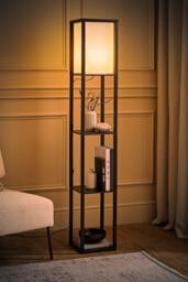 ValueLights Struttura Wooden Shelving Floor Lamp with Fabric Shade & LED Bulb in Black