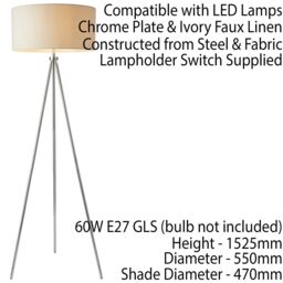 Loops Sleek Tripod Floor Lamp Chrome E27 Free Standing Lounge Light & Ivory Shade - thumbnail 2