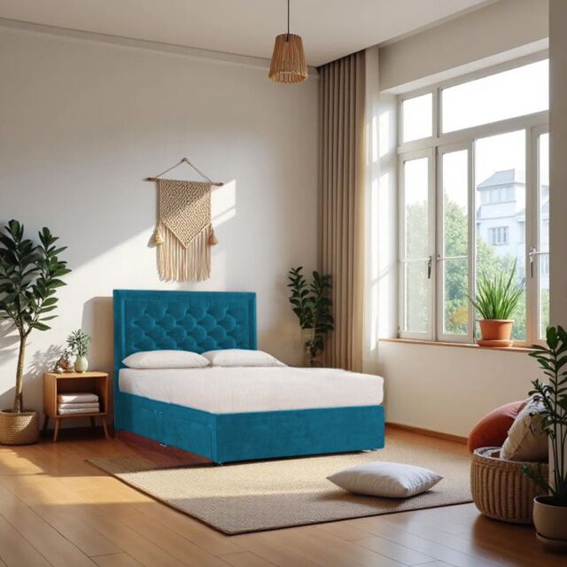 "Knight Sleep Ellis Plush Bed Set With Mattress, 2 Drawers Same Side & 24""Headboard in Baby Blue - Size: Super King" - image 1