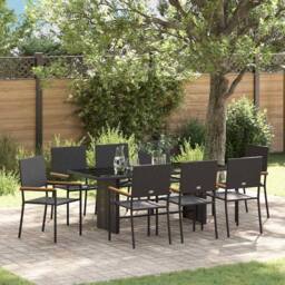 Berkfield Home 9 Piece Garden Dining Set Black Poly Rattan - thumbnail 1