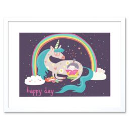 "Artery8 Wall Art Print Unicorn Rainbow Reading Child Art Framed 9x7 inch in White - Size: W7"" x H9""" - thumbnail 1