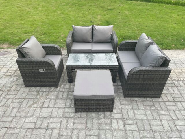 Fimous 5 PCS Garden Furniture set Rattan Outdoor Lounge Sofa Table Chair With Tempered Glass Table Dark Grey Mixed - image 1