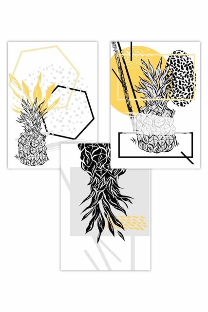 ARTZE Set of 3 Graphical Line Art Pineapple in Yellow & Black Art Posters in Bright Yellow - Size: W50 cm x H70 cm - image 1