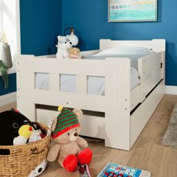 Home Source Kids Single Pull Out Trundle Guest Bed Compact Design Wooden Frame in White - thumbnail 7