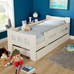 Home Source Kids Single Pull Out Trundle Guest Bed Compact Design Wooden Frame in White - thumbnail 6