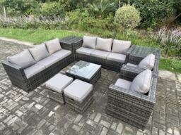 Fimous Outdoor Rattan Garden Furniture Set 10 Seater Patio Lounge Sofa Set with 2 Armchairs Square Coffee Table 2 Side Tables in Dark Grey - thumbnail 1