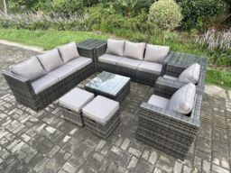 Fimous Outdoor Rattan Garden Furniture Set 10 Seater Patio Lounge Sofa Set with 2 Armchairs Square Coffee Table 2 Side Tables in Dark Grey - thumbnail 2