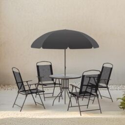 FURNOS Set of 6 Patio Bistro Set With Parasol & Table in Black - thumbnail 1