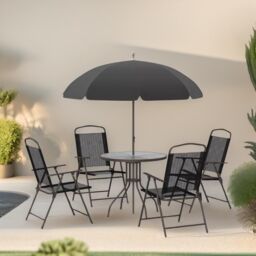FURNOS Set of 6 Patio Bistro Set With Parasol & Table in Black - thumbnail 2