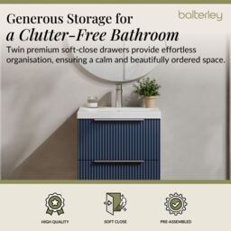 Balterley Fluted Wall Hung 2 Drawer Vanity Basin Unit & Basin 500mm - Satin Blue - thumbnail 3