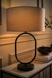 ValueLights Antonia Fabric Drum Lamp Shade Matte Black Oval Table Lamp in Grey - thumbnail 2