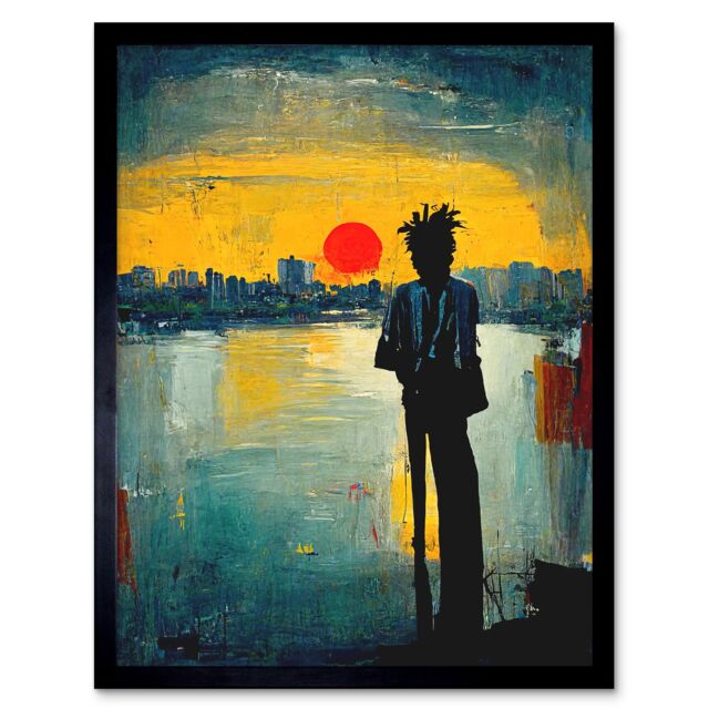 "Artery8 Wall Art Print Dramatic Sunset Silhouette City Skyline Lake Oil Painting Art Framed in Black - Size: W12"" x H16""" - image 1