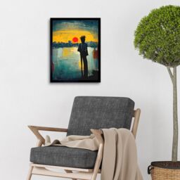 "Artery8 Wall Art Print Dramatic Sunset Silhouette City Skyline Lake Oil Painting Art Framed in Black - Size: W12"" x H16""" - thumbnail 2