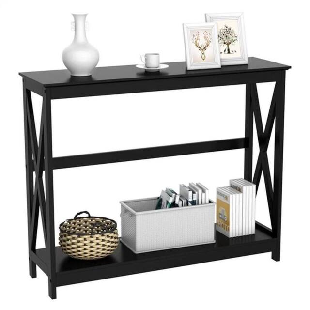 Kelvenix Black 2-Tiers Slim Console Table X-Shape Side Table - Size: 0.6m2 - image 1