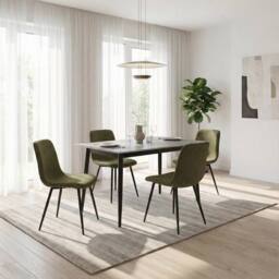 FWStyle 5 Piece Grey Marble Effect Stone Dining Table & Green Chairs Set