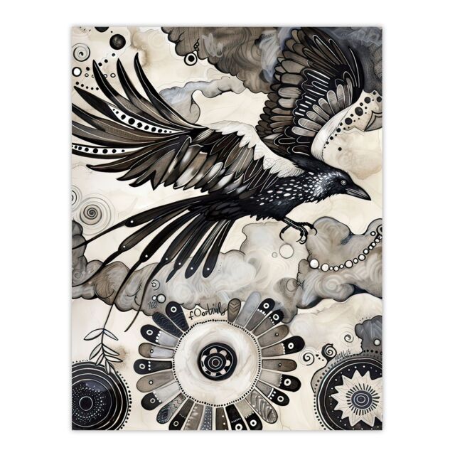 "Artery8 Flying Black Raven Painting Magic Mandala Dark Wall Art Print - Size: W24"" x H32""" - image 1