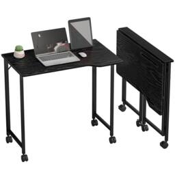 HOMCOM Small Writing Desk with Wheels, Folding Study Table in Black - thumbnail 2