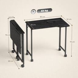 HOMCOM Small Writing Desk with Wheels, Folding Study Table in Black - thumbnail 3