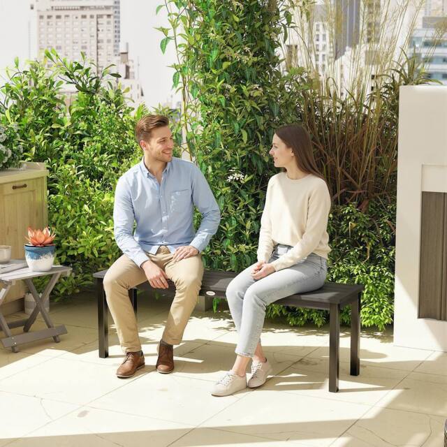 OUTSUNNY Metal Garden Bench Loveseat with Wood-Effect Slatted Seat, Grey - Size: 2 Seater - image 1